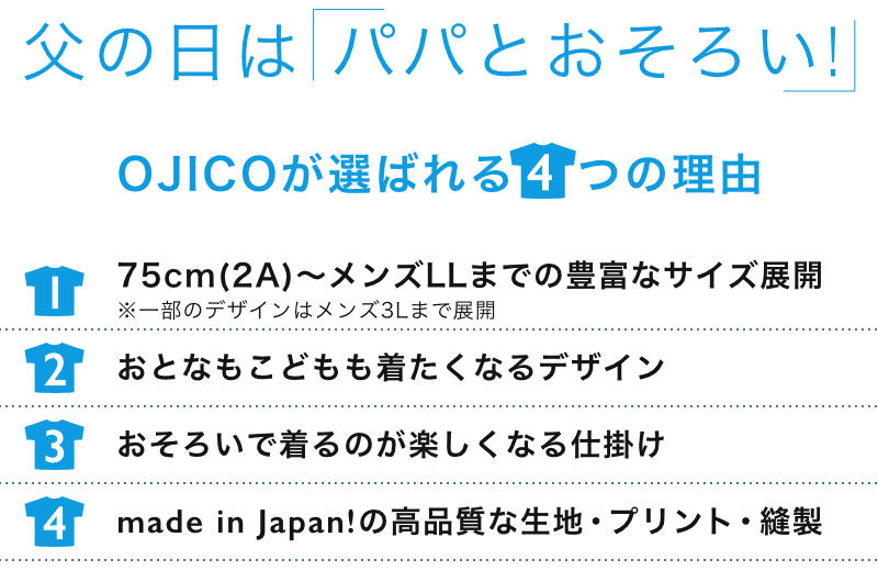 父の日は「パパとおそろい!」OJICOが選ばれる4つの理由 1、75cm(2A)〜メンズLLまでの豊富なサイズ展開 2、おとなもこどもも着たくなるデザイン 3、おそろいで着るのが楽しくなる仕掛け 4、made in Japan!の高品質な生地・プリント・縫製