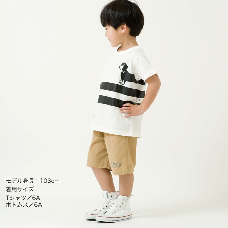半袖Tシャツ「BOR-DACHSHUND」（ボーダーックスフント）子供サイズ着用画像・横